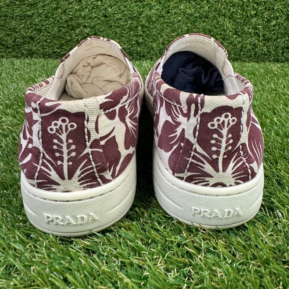 Prada Floral Slip-On Sneakers in White and Burgundy - Picture 3 of 9
